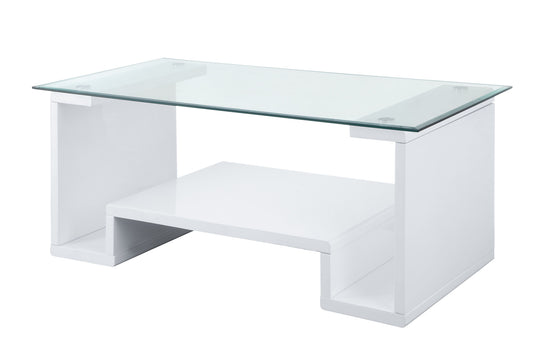 47" White And Clear Glass And Manufactured Wood Rectangular Coffee Table With Shelf By Homeroots