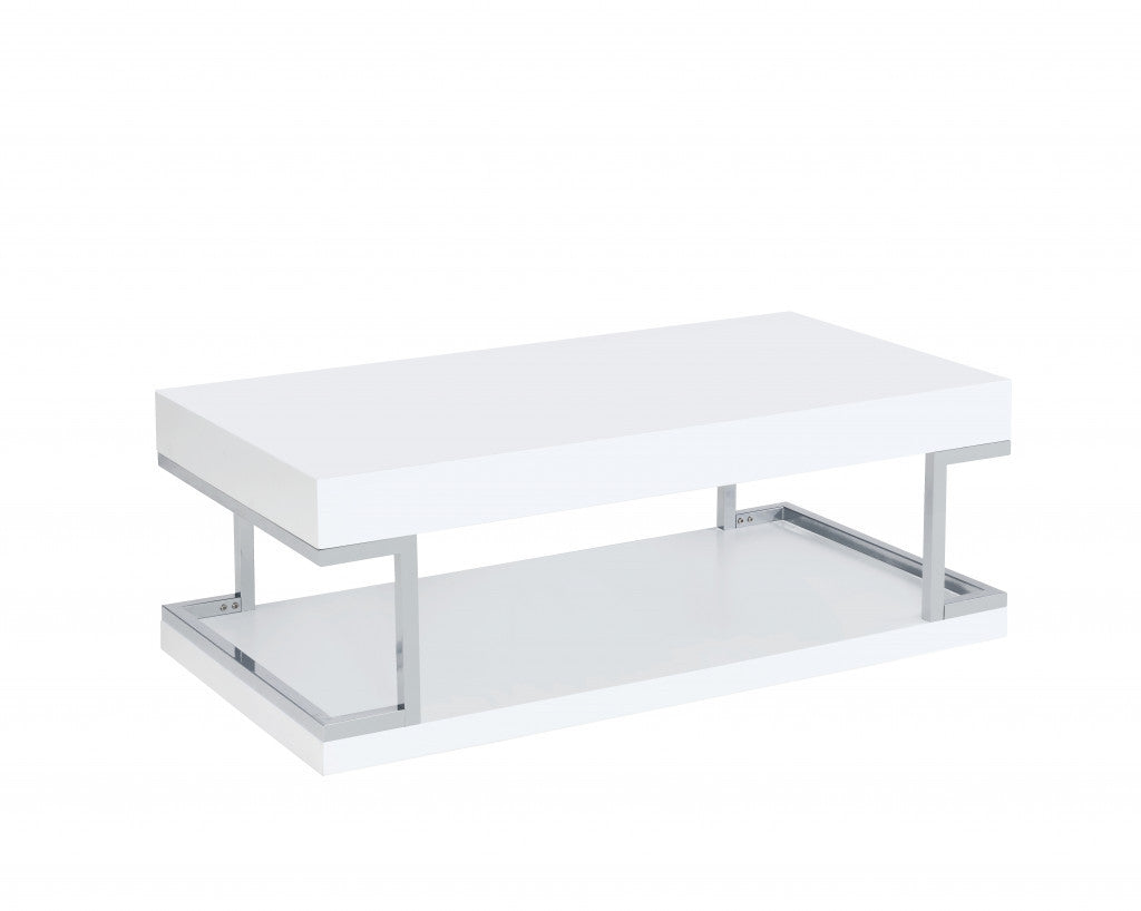 47" Chrome And White High Gloss Manufactured Wood And Metal Rectangular Coffee Table With Shelf By Homeroots | Coffee Tables | Modishstore