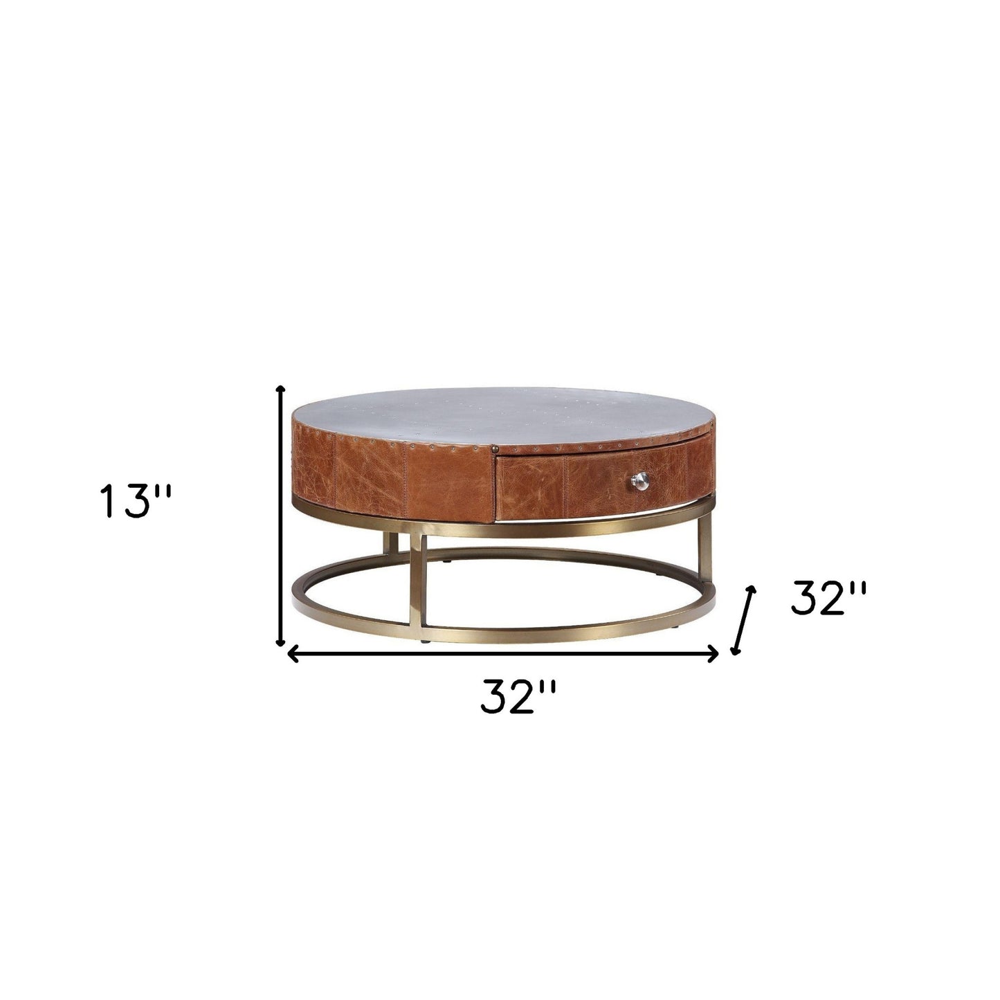32" Cocoa And Silver Aluminum Round Coffee Table With Drawer By Homeroots