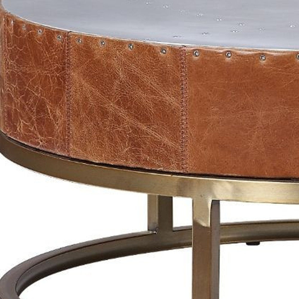32" Cocoa And Silver Aluminum Round Coffee Table With Drawer By Homeroots