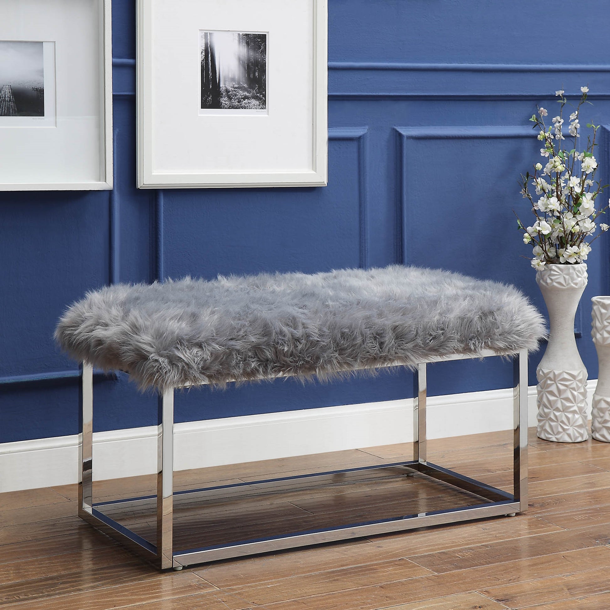 40" Gray And Silver Upholstered Faux Fur Bench By Homeroots | Benches | Modishstore