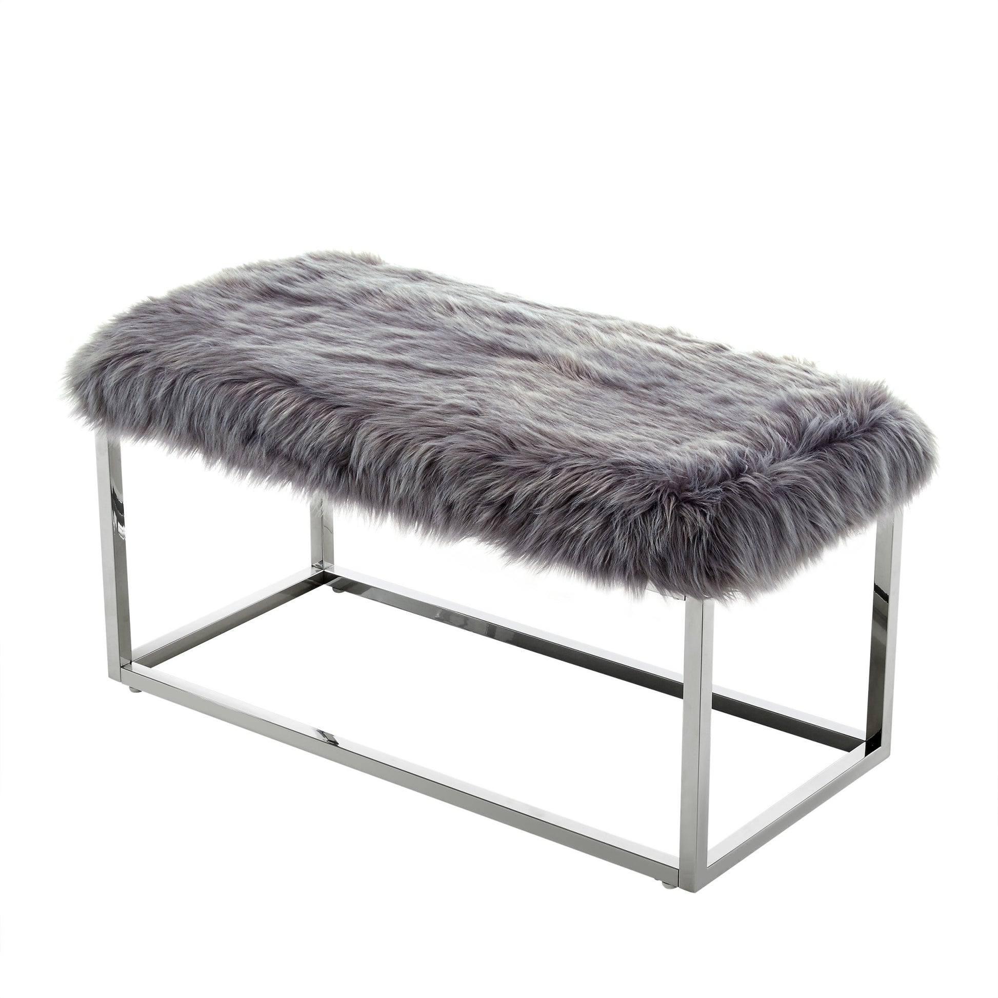 40" Gray And Silver Upholstered Faux Fur Bench By Homeroots | Benches | Modishstore - 4