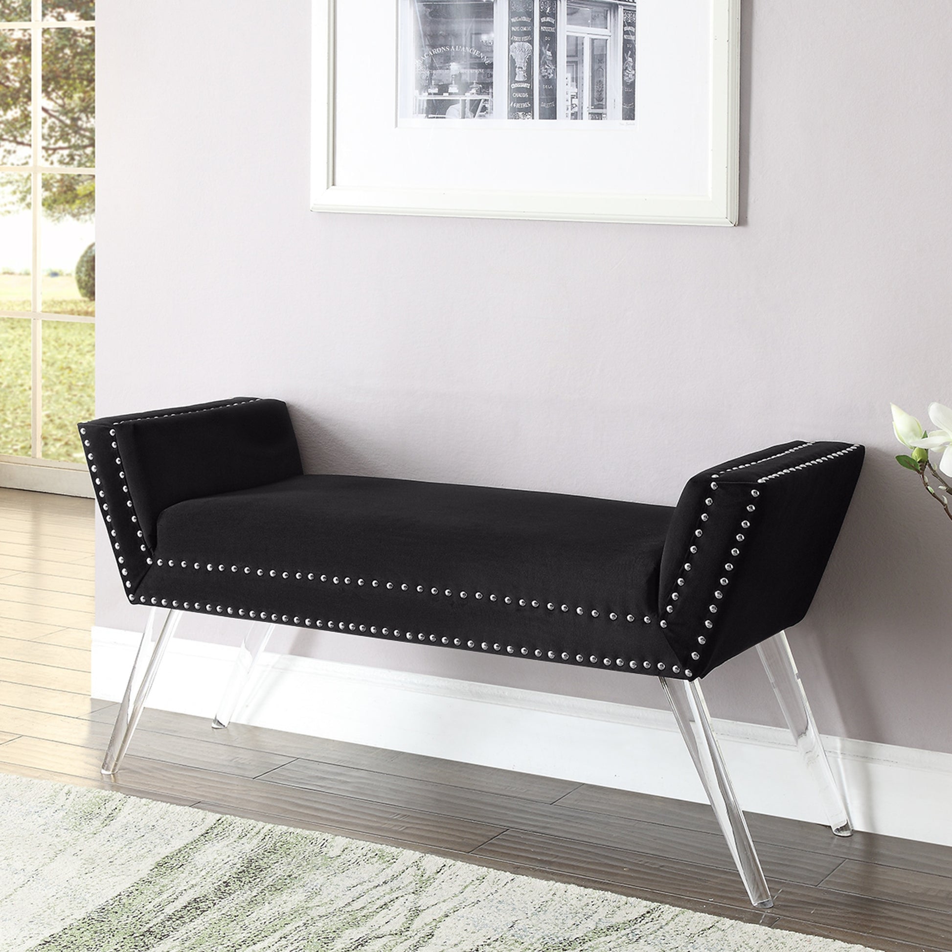 45" Black And Clear Upholstered Velvet Bench By Homeroots | Benches | Modishstore - 7