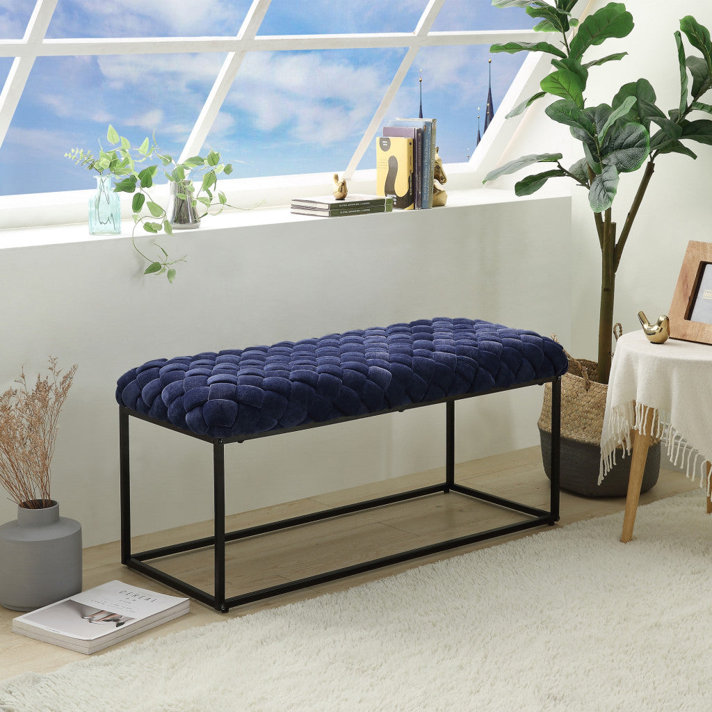 39" Navy Blue And Black Upholstered Velvet Bench By Homeroots | Benches | Modishstore - 6