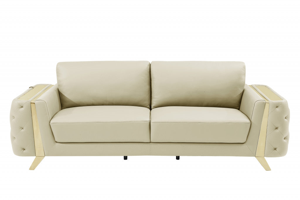 90" Beige Italian Leather And Gold Sofa By Homeroots | Sofas | Modishstore