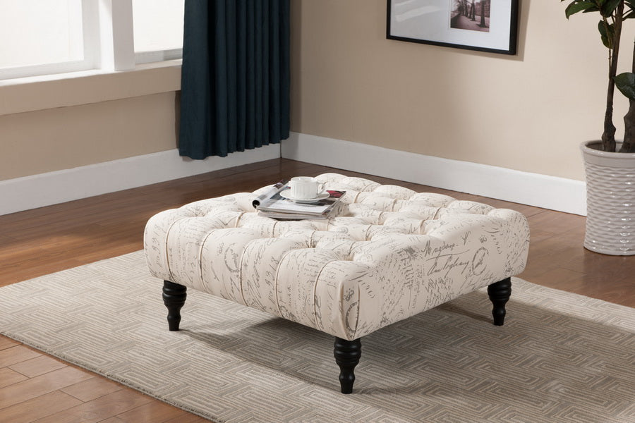 baxton studio keswick beige script print modern tufted ottoman | Modish Furniture Store-4