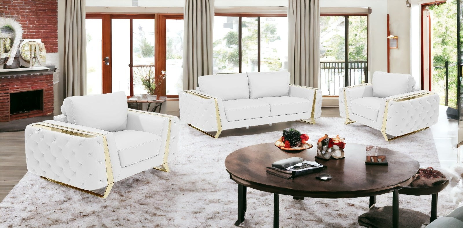 Three Piece White Genuine Leather Six Person Seating Set By Homeroots | Sofa Set | Modishstore - 7