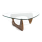 50" Walnut And Clear Glass Triangle Coffee Table By Homeroots