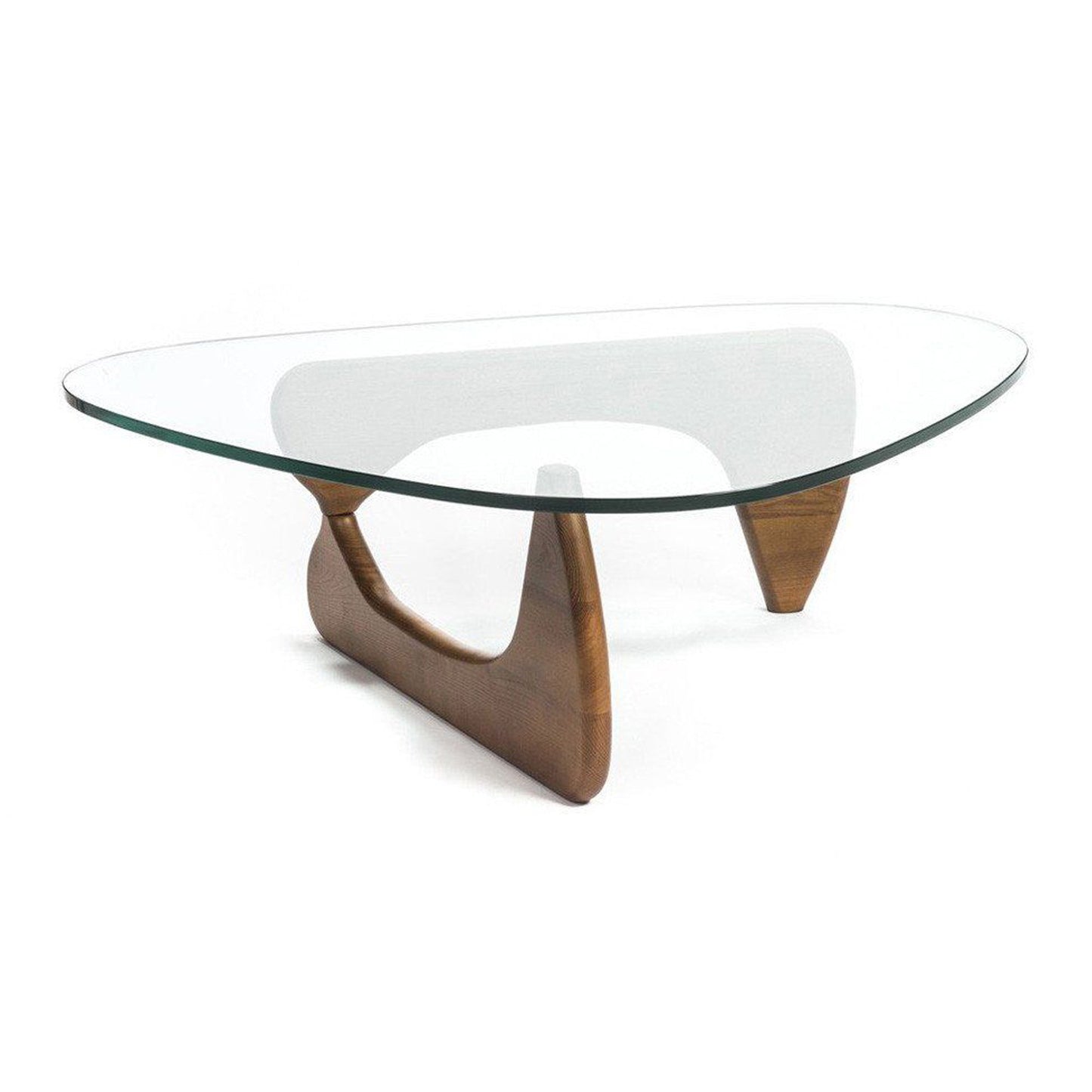 50" Walnut And Clear Glass Triangle Coffee Table By Homeroots