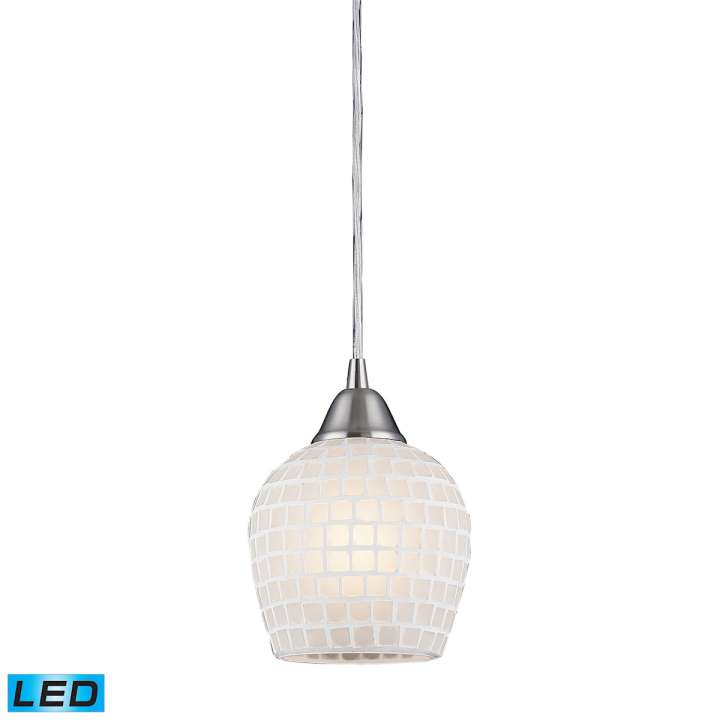 Fusion 1-Light Mini Pendant in Satin Nickel with White Mosaic Glass - Includes LED Bulb | Pendant Lamps | Modishstore