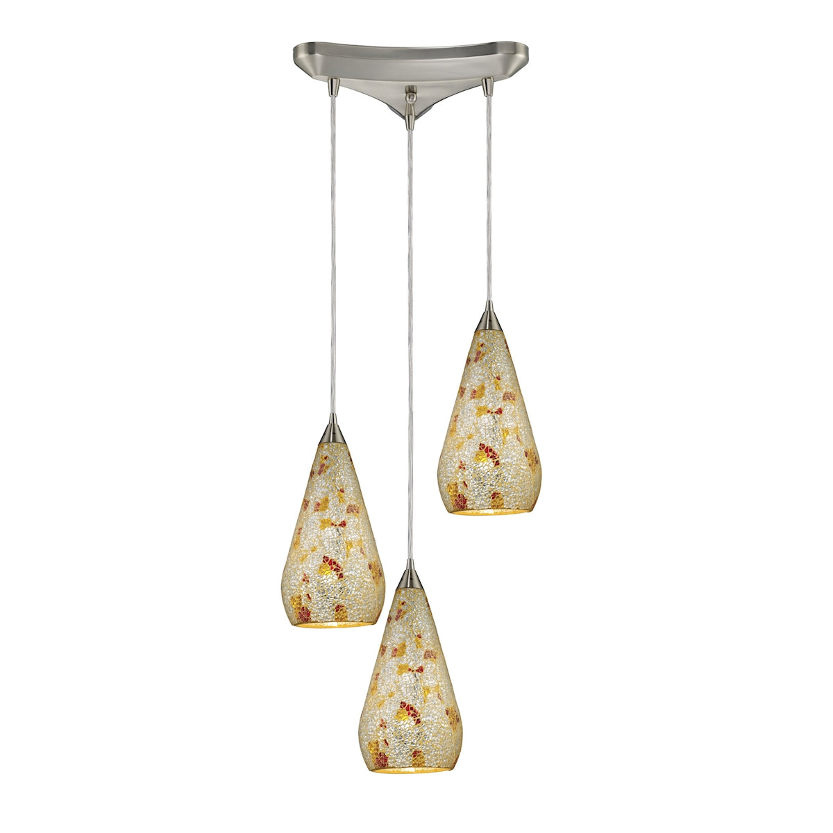 Curvalo 3-Light Triangular Pendant Fixture in Satin Nickel with Silver Multi Crackle Glass ELK Lighting | Pendant Lamps | Modishstore