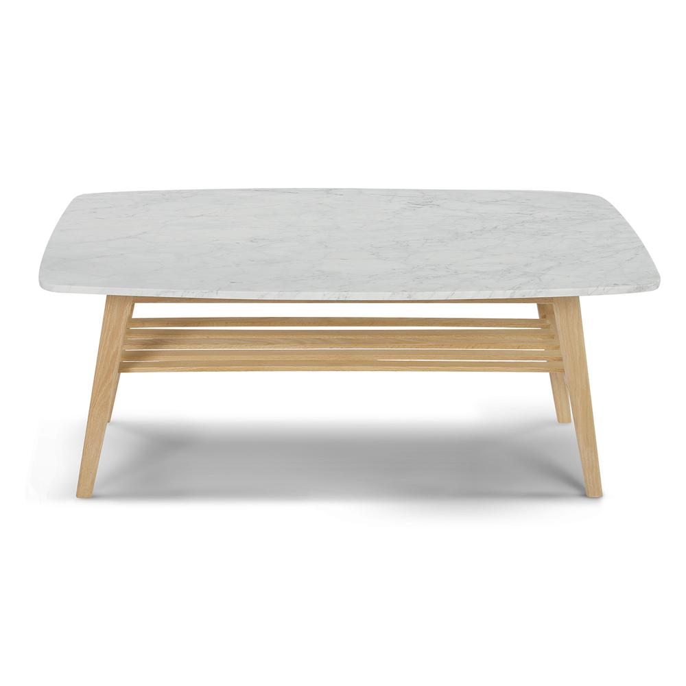 Laura 43" Rectangular Italian Carrara White Marble Coffee Table with Oak Shelf By The Bianco Collection | Coffee Tables | Modishstore - 1