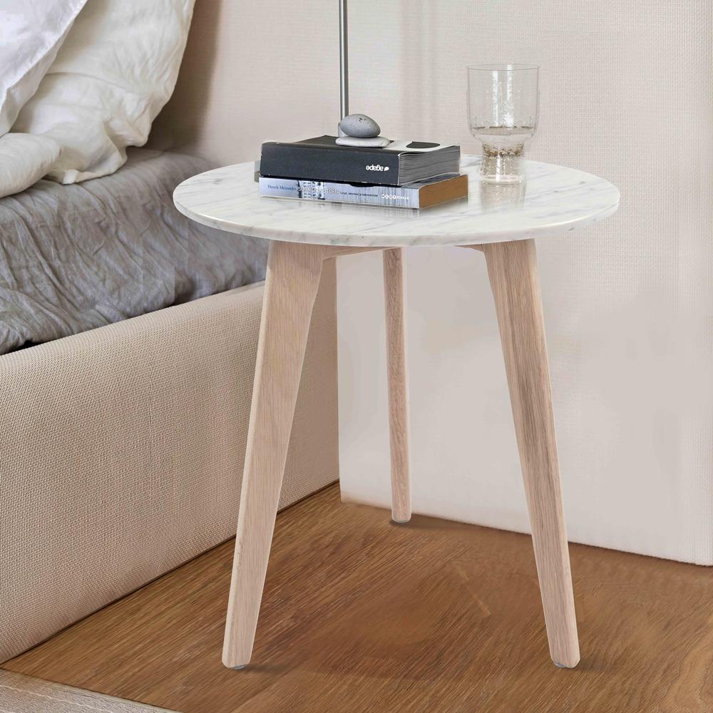 Cherie 15" Round Italian Carrara White Marble Side Table with Oak Legs By The Bianco Collection | Side Tables | Modishstore - 1