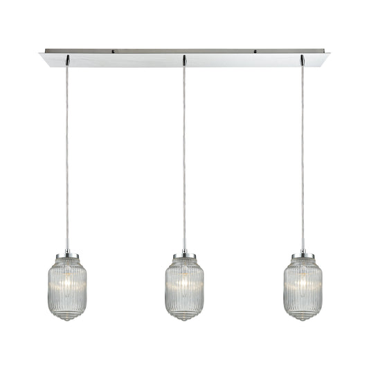 Dubois 3-Light Linear Pendant Fixture in Polished Chrome with Clear Ribbed Glass ELK Lighting 56662/3LP | Pendant Lamps | Modishstore