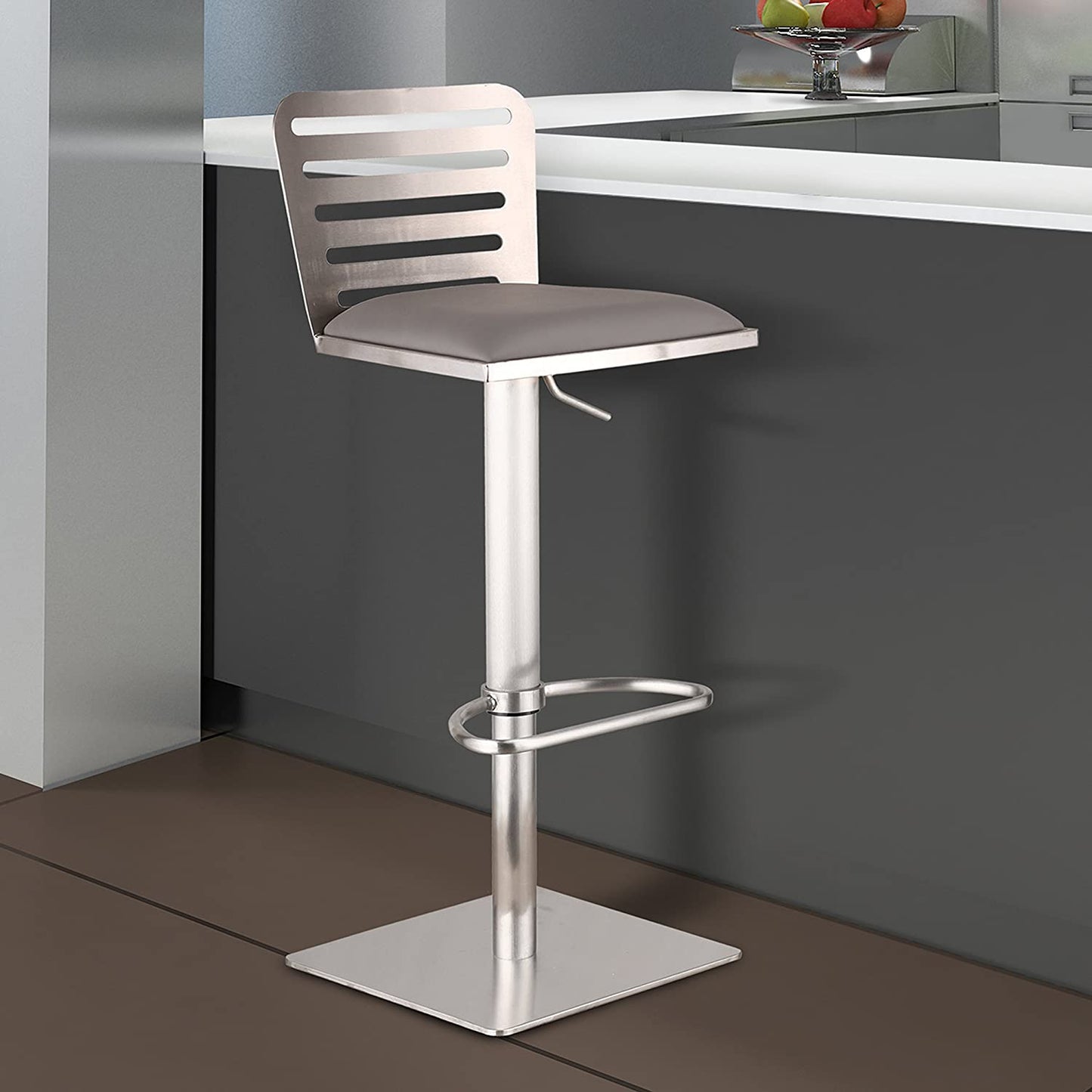 Delmar Adjustable Brushed Stainless Steel Barstool in Gray Faux Leather By Armen Living | Bar Stools | Modishstore