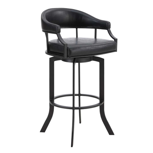 Pharaoh Swivel 30" Black Powder Coated and Black Faux Leather Metal Bar Stool By Armen Living | Bar Stools | Modishstore