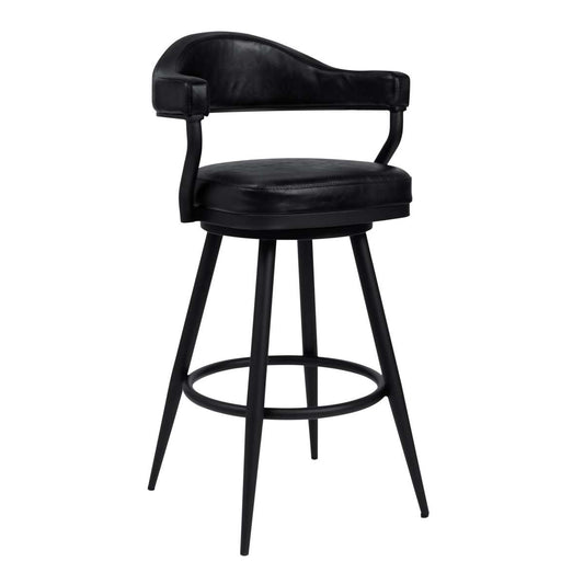 Amador 30" Bar Height Barstool in a Black Powder Coated Finish and Vintage Black Faux Leather By Armen Living | Bar Stools | Modishstore