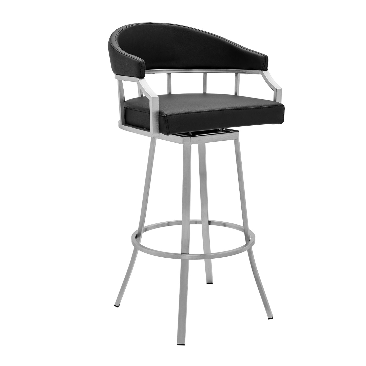 Palmdale Swivel Modern Black Faux Leather 30" Barstool in Brushed Stainless Steel Finish By Armen Living | Bar Stools | Modishstore - 2