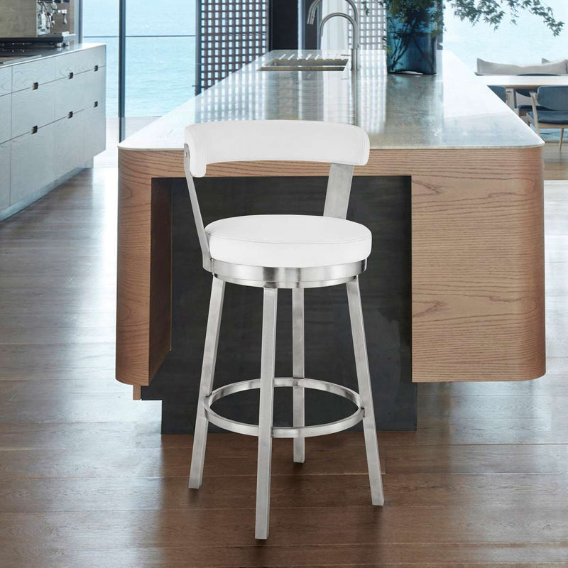 Kobe 30" Bar Height Swivel Bar Stool in Brushed Stainless Steel Finish and White Faux Leather By Armen Living | Bar Stools |  Modishstore 