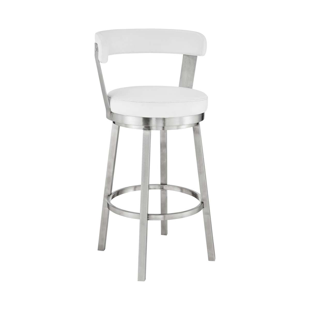 Kobe 30" Bar Height Swivel Bar Stool in Brushed Stainless Steel Finish and White Faux Leather By Armen Living | Bar Stools |  Modishstore  - 5