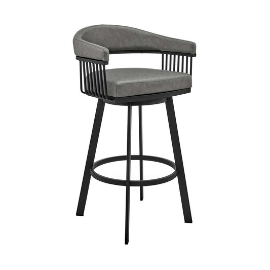 Bronson 30" Bar Height Swivel Bar Stool in Black Finish and Gray Faux Leather By Armen Living | Bar Stools | Modishstore