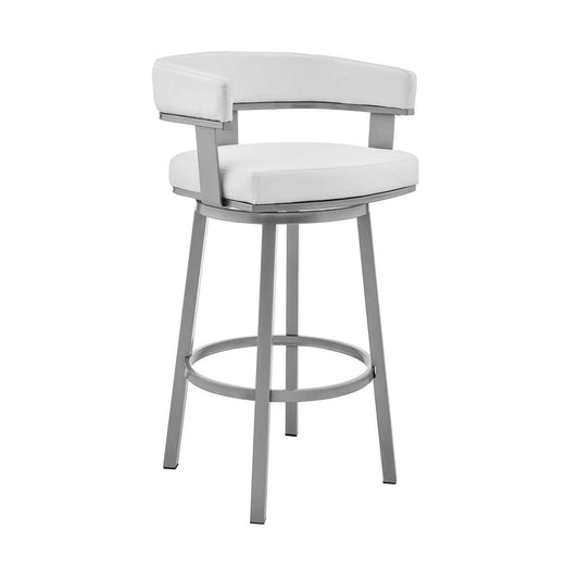 Cohen 26" Counter Height Swivel Bar Stool in Silver Finish with White Faux Leather By Armen Living | Bar Stools | Modishstore