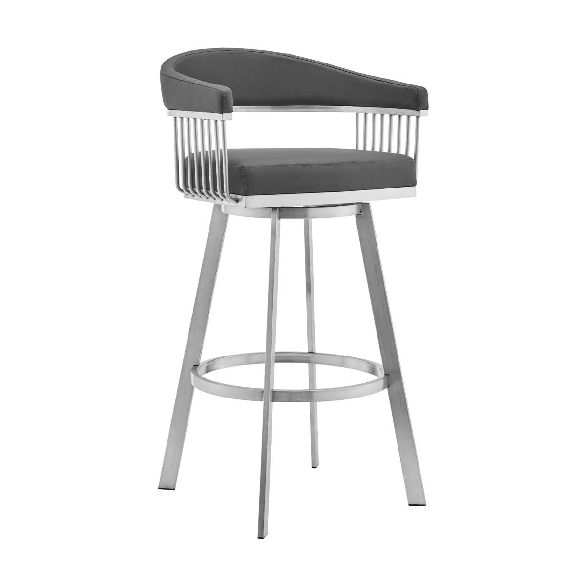 Bronson 26" Gray Faux Leather and Brushed Stainless Steel Swivel Bar Stool By Armen Living | Bar Stools |  Modishstore  - 2