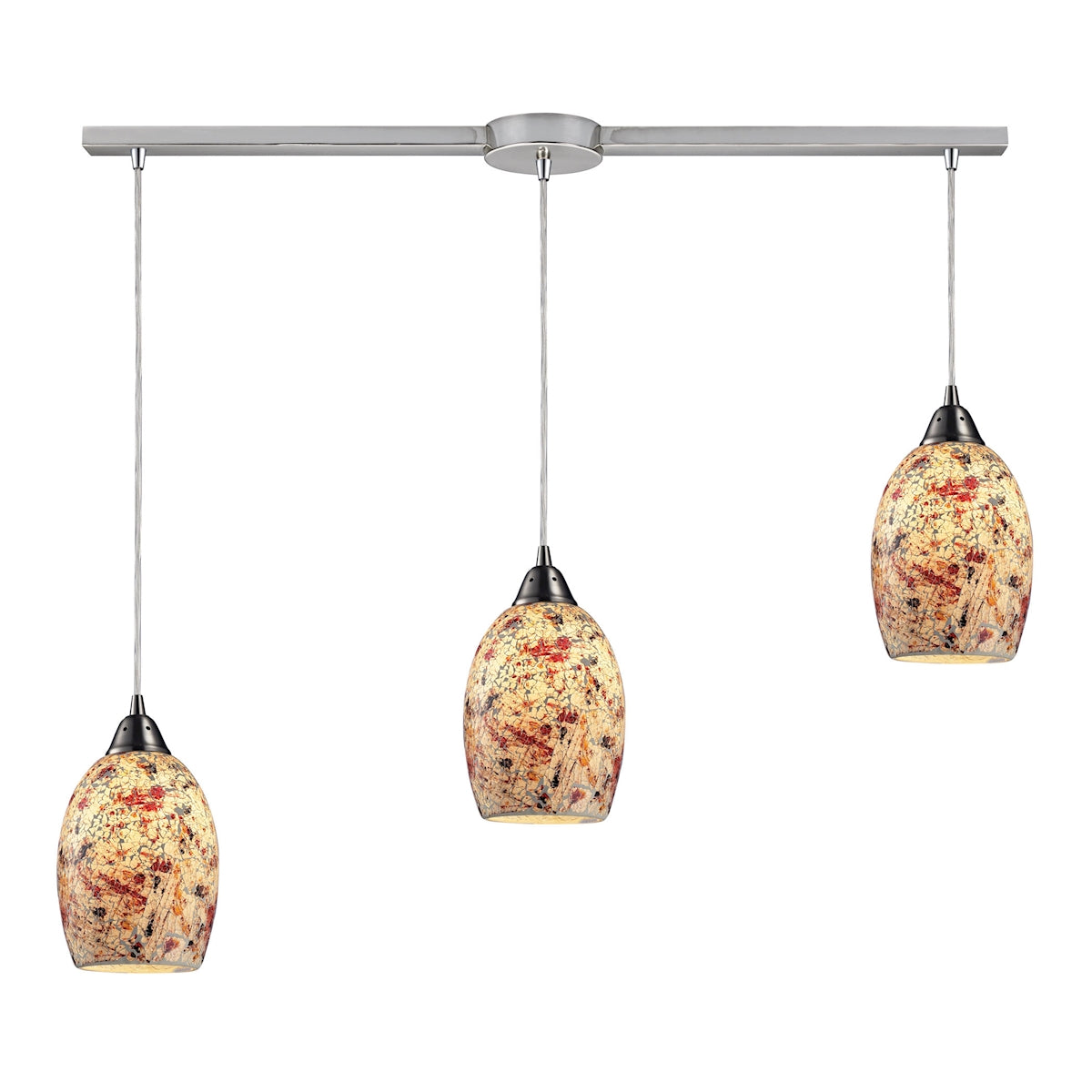 Avalon 3-Light Linear Pendant Fixture in Satin Nickel with Multi-colored Crackle Glass ELK Lighting | Pendant Lamps | Modishstore