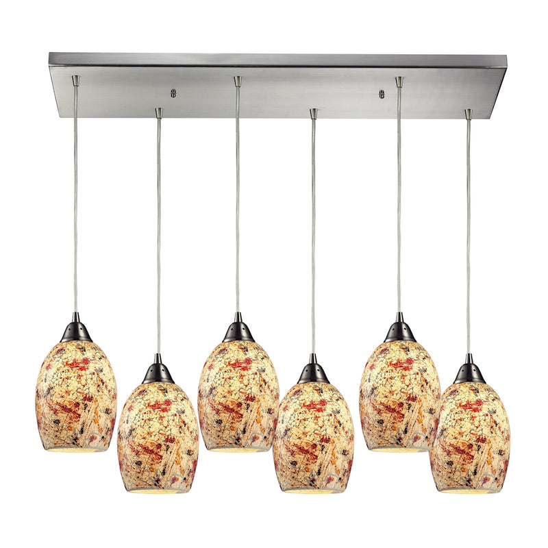 Avalon 6-Light Rectangular Pendant Fixture in Satin Nickel with Multi-colored Crackle Glass ELK Lighting | Pendant Lamps | Modishstore