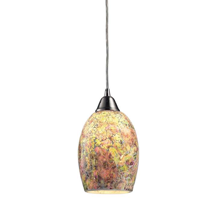 Avalon 1-Light Mini Pendant in Satin Nickel with Multi-colored Crackle Glass | Pendant Lamps | Modishstore