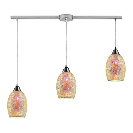 Avalon 3-Light Linear Pendant Fixture in Satin Nickel with Multi-colored Crackle Glass ELK Lighting | Pendant Lamps | Modishstore