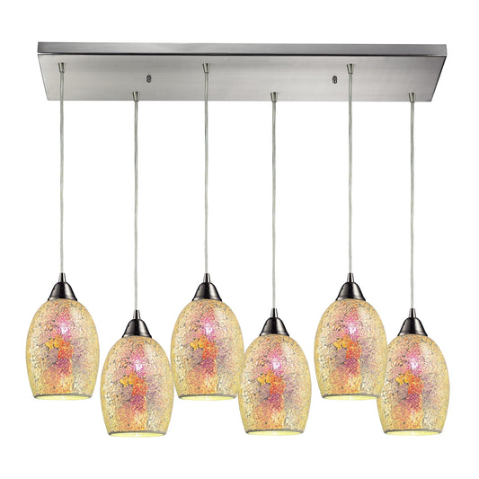 Avalon 6-Light Rectangular Pendant Fixture in Satin Nickel with Multi-colored Crackle Glass ELK Lighting | Pendant Lamps | Modishstore