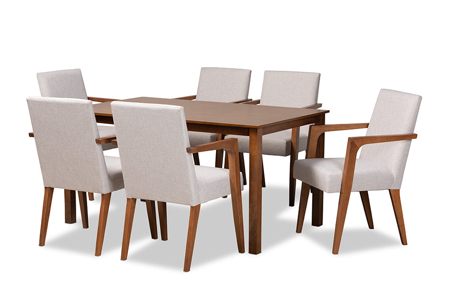 baxton studio glenda mid century modern greyish beige fabric upholstered and walnut brown finished wood 7 piece dining set | Modish Furniture Store-2