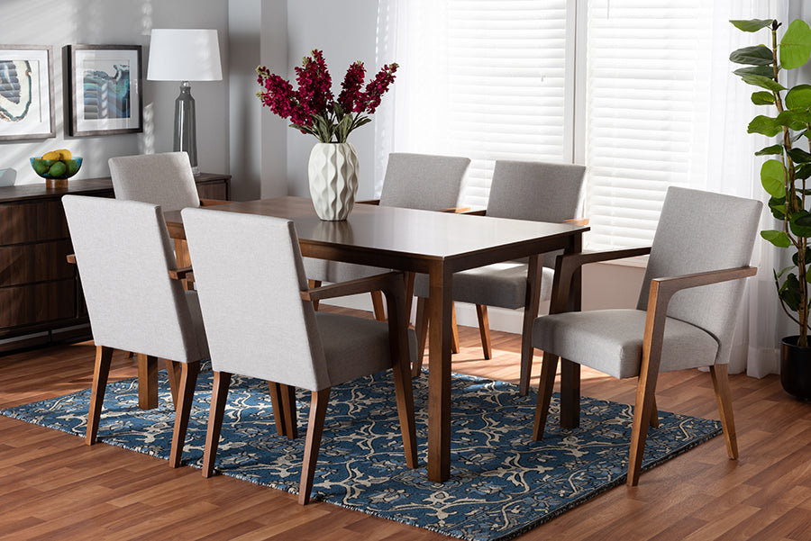 Baxton Studio Glenda Mid-Century Modern Greyish Beige Fabric Upholstered and Walnut Brown Finished Wood 7-Piece Dining Set | Modishstore | Dining Sets