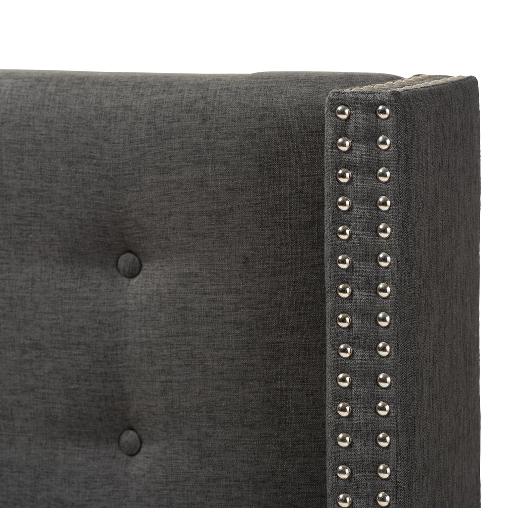 Baxton Studio Ginaro Modern And Contemporary Dark Grey Fabric Button-Tufted Nail head Queen Size Winged Headboard | Headboards | Modishstore - 6