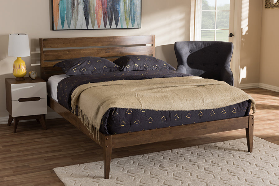 Baxton Studio Elmdon Mid-Century Modern Solid Walnut Wood Slatted Headboard Style King Size Platform Bed | Modishstore | Beds