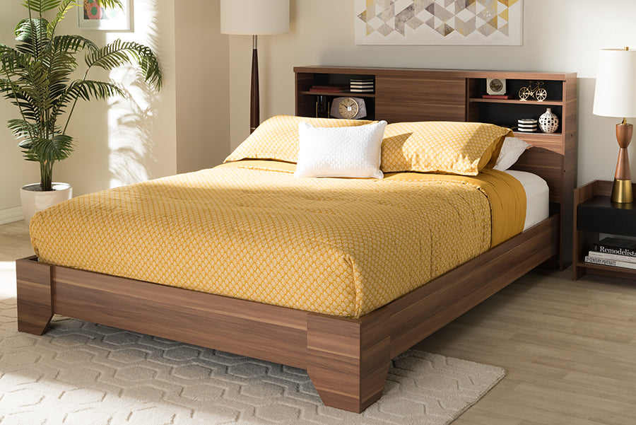 Baxton Studio Vanda Modern and Contemporary Two-Tone Walnut and Black Wood Queen Size Platform Bed | Modishstore | Beds