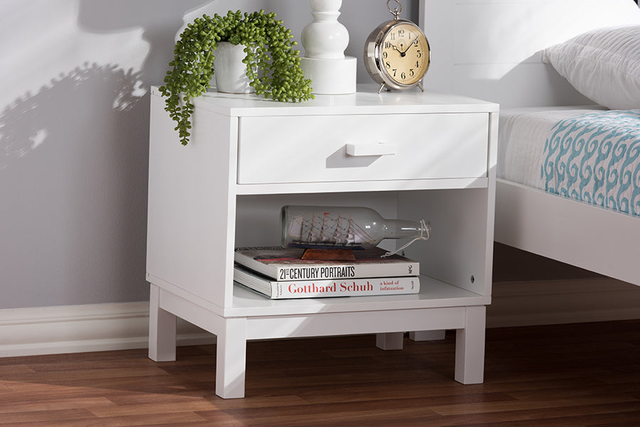 Baxton Studio Deirdre Modern and Contemporary White Wood 1-Drawer Nightstand | Nightstands | Modishstore - 2