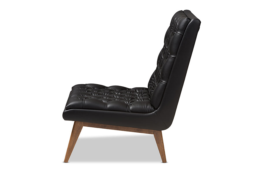 Baxton Studio Annetha Mid-Century Modern Black Faux Leather Upholstered Walnut Finished Wood Lounge Chair | Lounge Chairs | Modishstore - 9