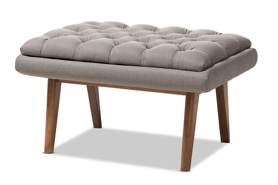 baxton studio annetha mid century modern grey fabric upholstered walnut finished wood ottoman | Modish Furniture Store-2