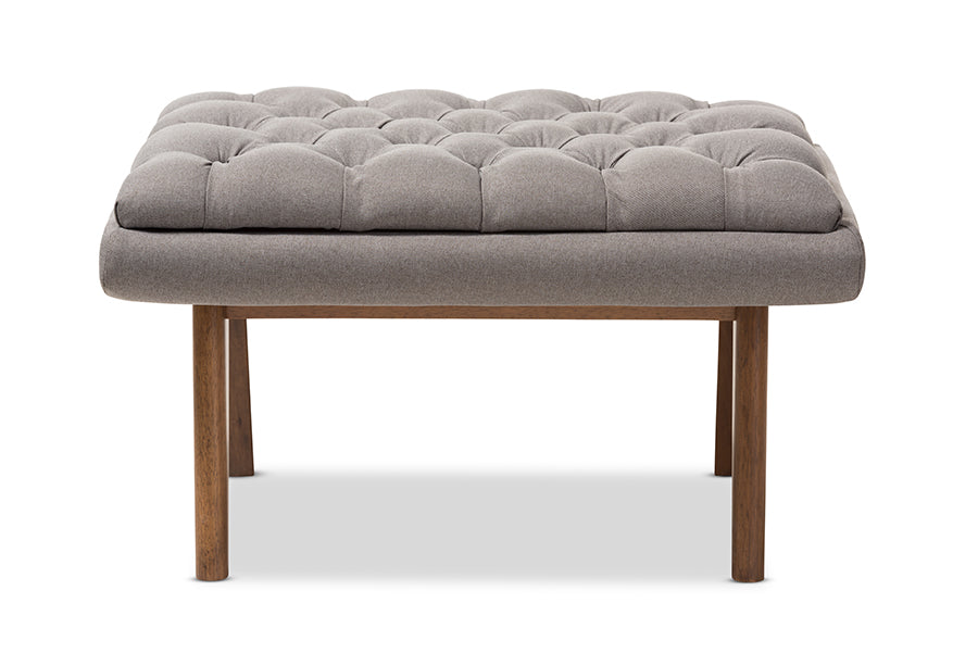 baxton studio annetha mid century modern grey fabric upholstered walnut finished wood ottoman | Modish Furniture Store-3