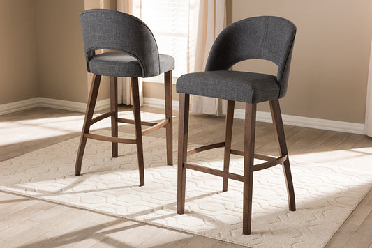 Baxton Studio Melrose Mid-Century Modern Dark Grey Fabric Upholstered Walnut Finished Wood Bar Stool (Set of 2) | Modishstore | Bar Furniture