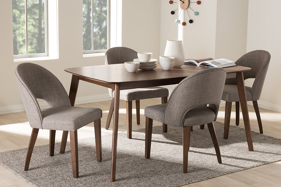 Baxton Studio Wesley Mid-Century Modern Light Grey Fabric Upholstered Walnut Finished Wood 5-Piece Dining Set | Dining Sets | Modishstore - 2