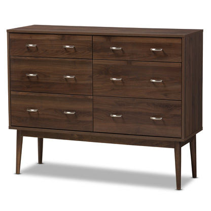 Baxton Studio Disa Mid-Century Modern Walnut Brown Finished 6-Drawer Dresser | Drawers | Modishstore