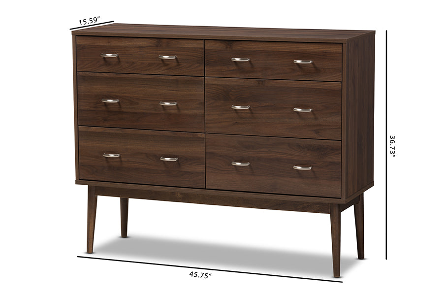 Baxton Studio Disa Mid-Century Modern Walnut Brown Finished 6-Drawer Dresser | Drawers | Modishstore - 6