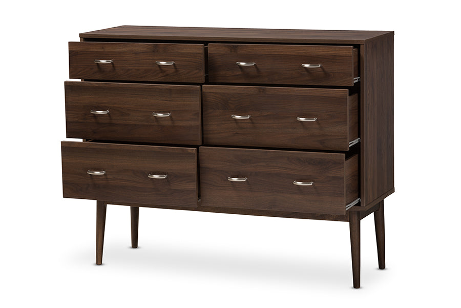 Baxton Studio Disa Mid-Century Modern Walnut Brown Finished 6-Drawer Dresser | Drawers | Modishstore - 5