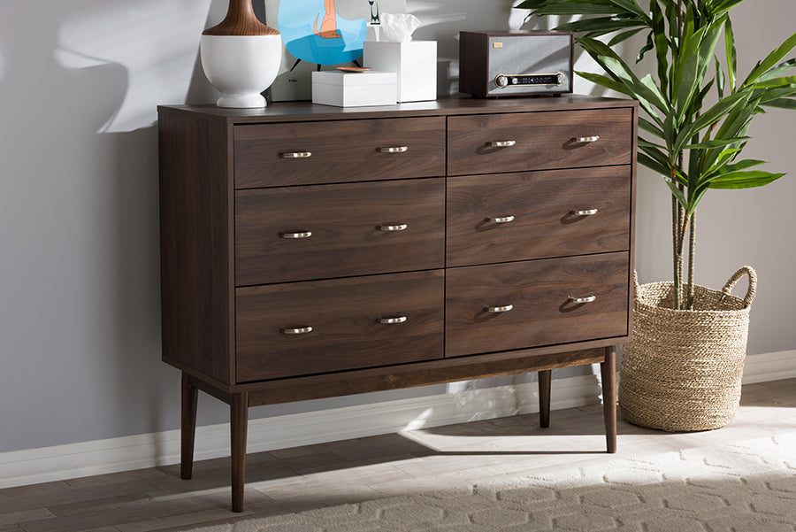 Baxton Studio Disa Mid-Century Modern Walnut Brown Finished 6-Drawer Dresser | Drawers | Modishstore - 2