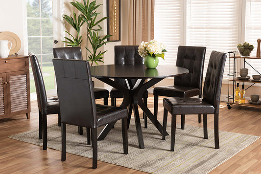 Baxton Studio Marie Modern and Contemporary Dark Brown Faux Leather Upholstered and Dark brown Finished Wood 7-Piece Dining Set | Modishstore | Dining Sets