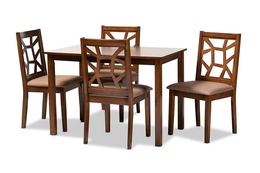 baxton studio abilene mid century light brown fabric upholstered and walnut brown finished 5 piece wood dining set | Modish Furniture Store-2