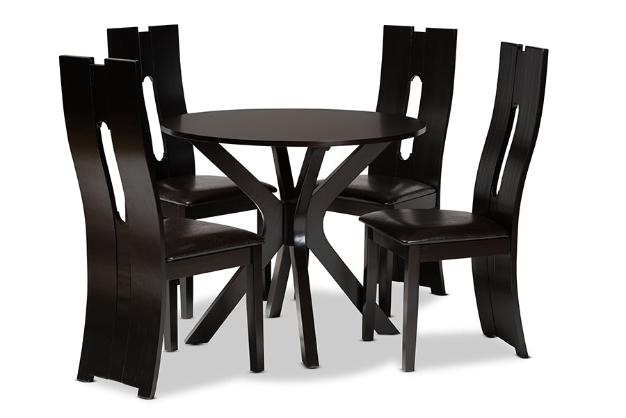 baxton studio cian modern and contemporary dark brown faux leather upholstered and dark brown finished wood 5 piece dining set | Modish Furniture Store-2